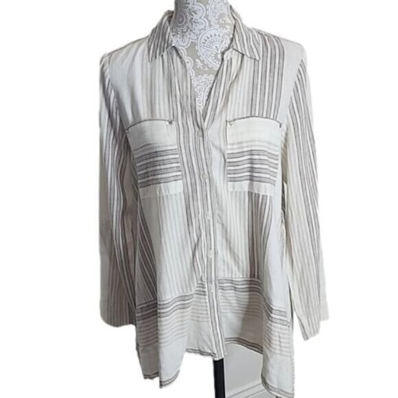 Jones New York Linen Blend Tunic Top Long Sleeve Ivory Stripe Women's Medium - Picture 1 of 6